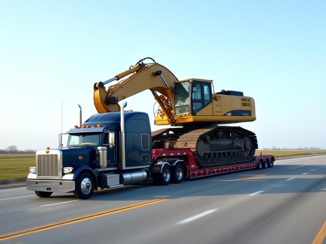 Lowboy trailer hauling a large excavator on a highway near Canal Winchester