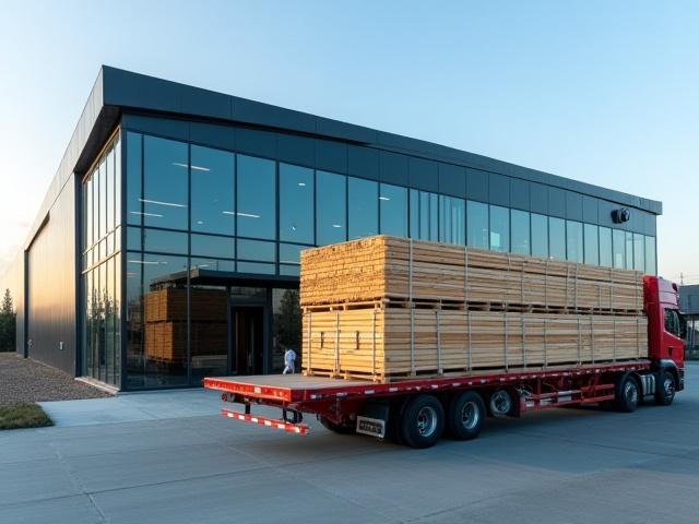 Unloading steel beams at a commercial warehouse development site