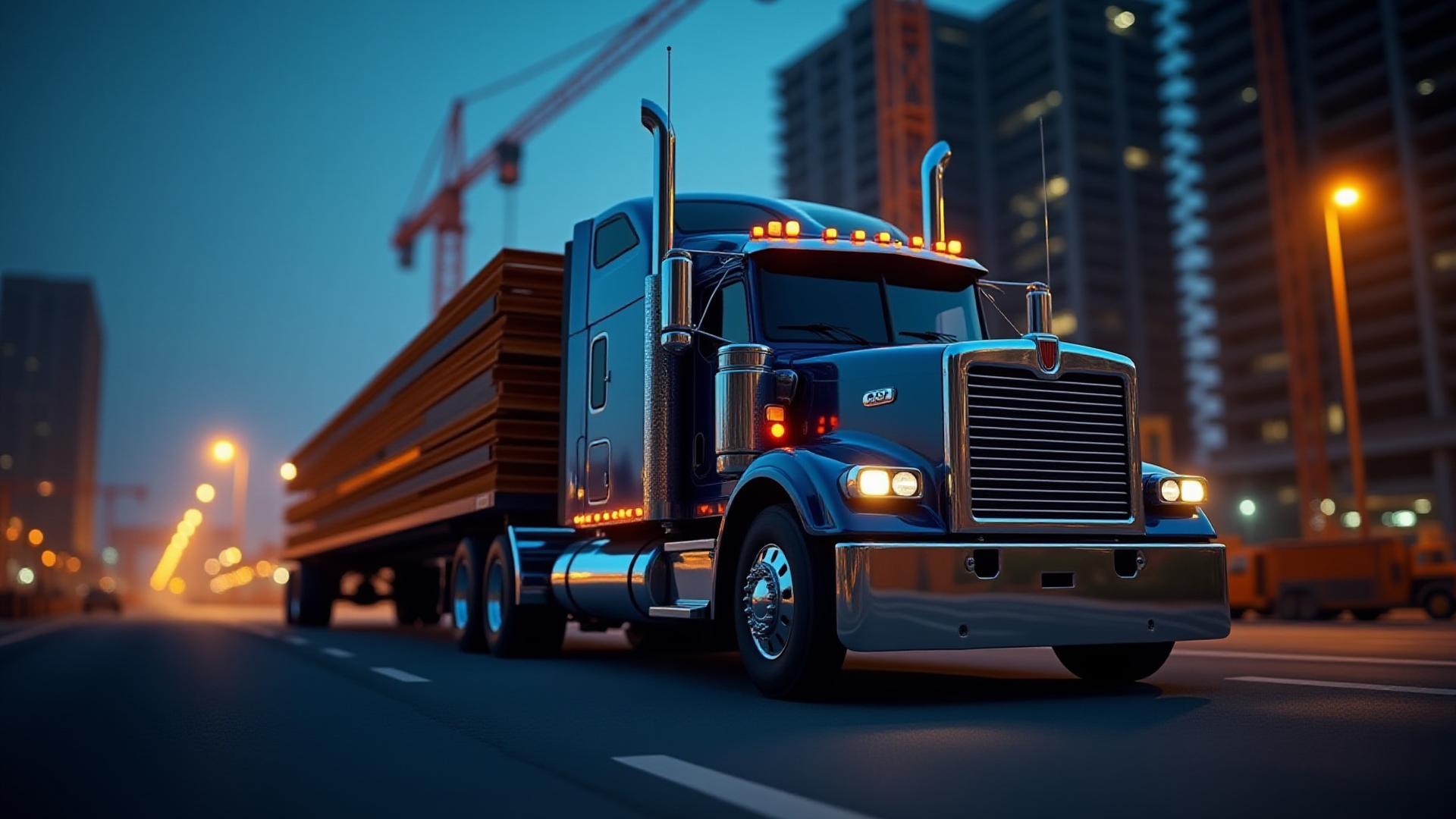 M&ZS heavy duty flatbed truck delivering structural steel to a high-rise construction site