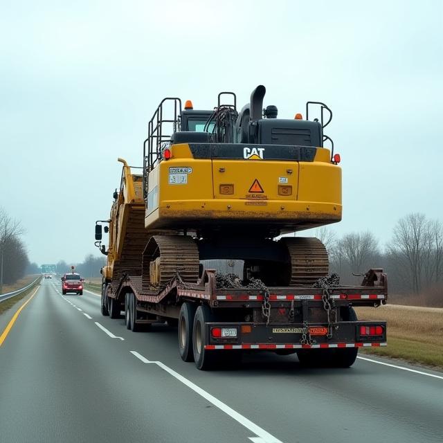 Yellow excavator on lowboy trailer