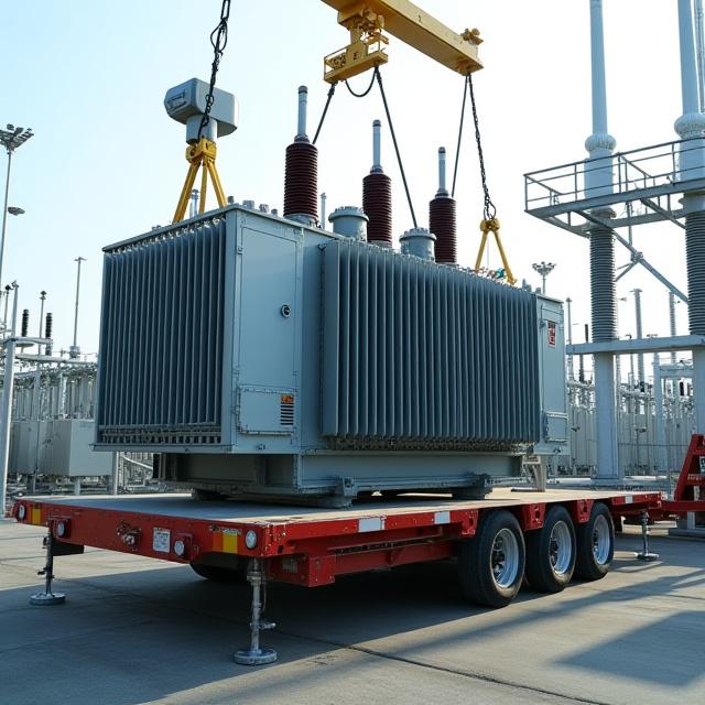 Electrical transformer being unloaded at substation