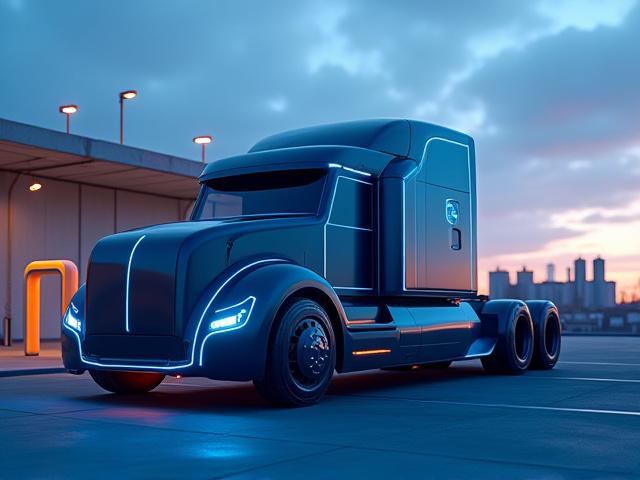 Futuristic concept of electric semi-truck charging station in an industrial park