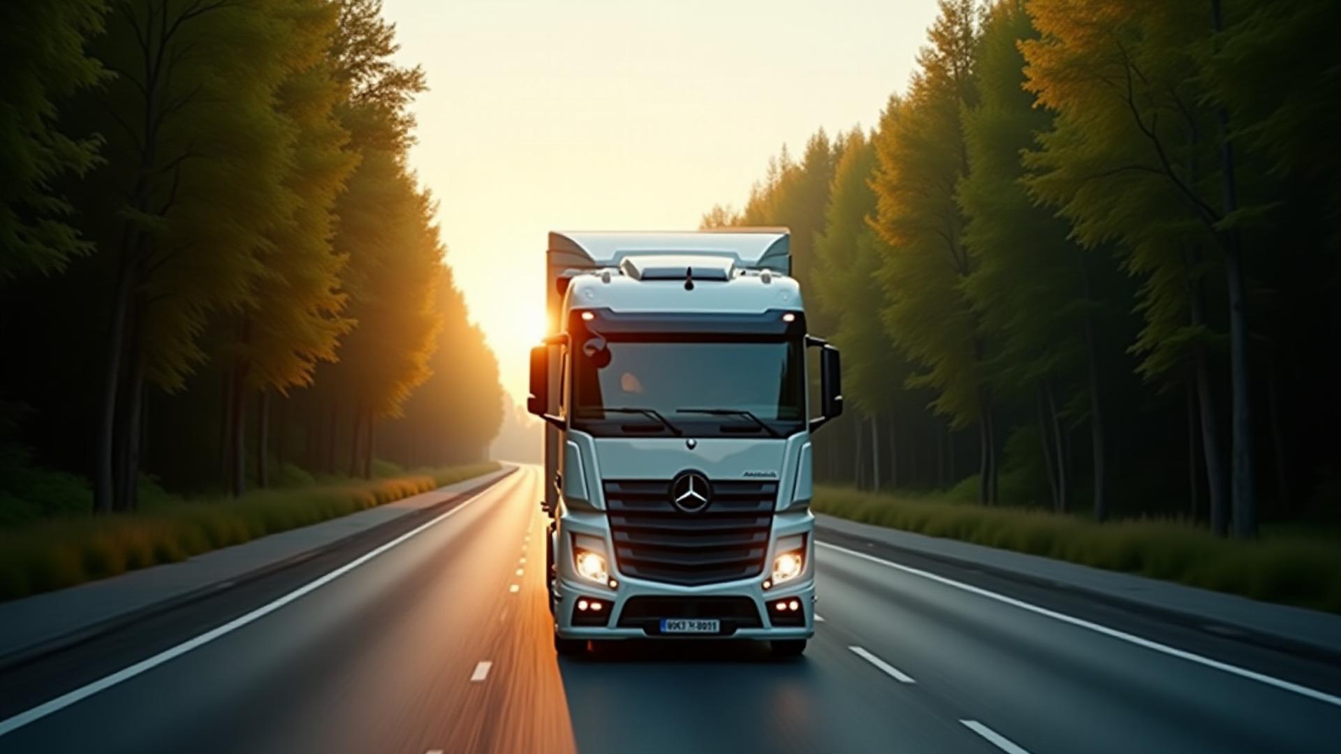 Modern low-emission semi-truck driving through a lush landscape at sunrise